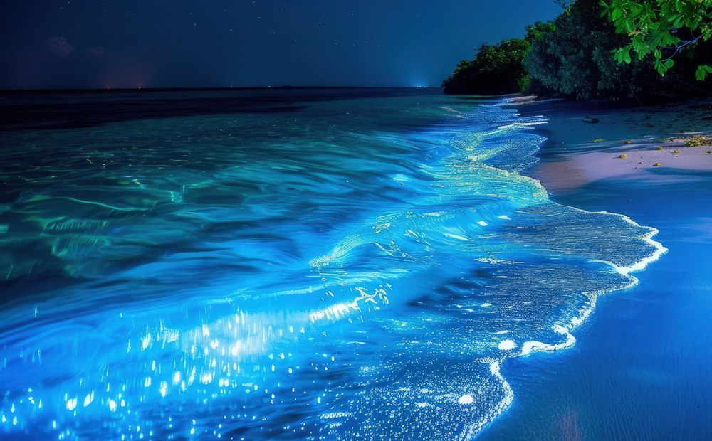 beach with blue water night with stars sky